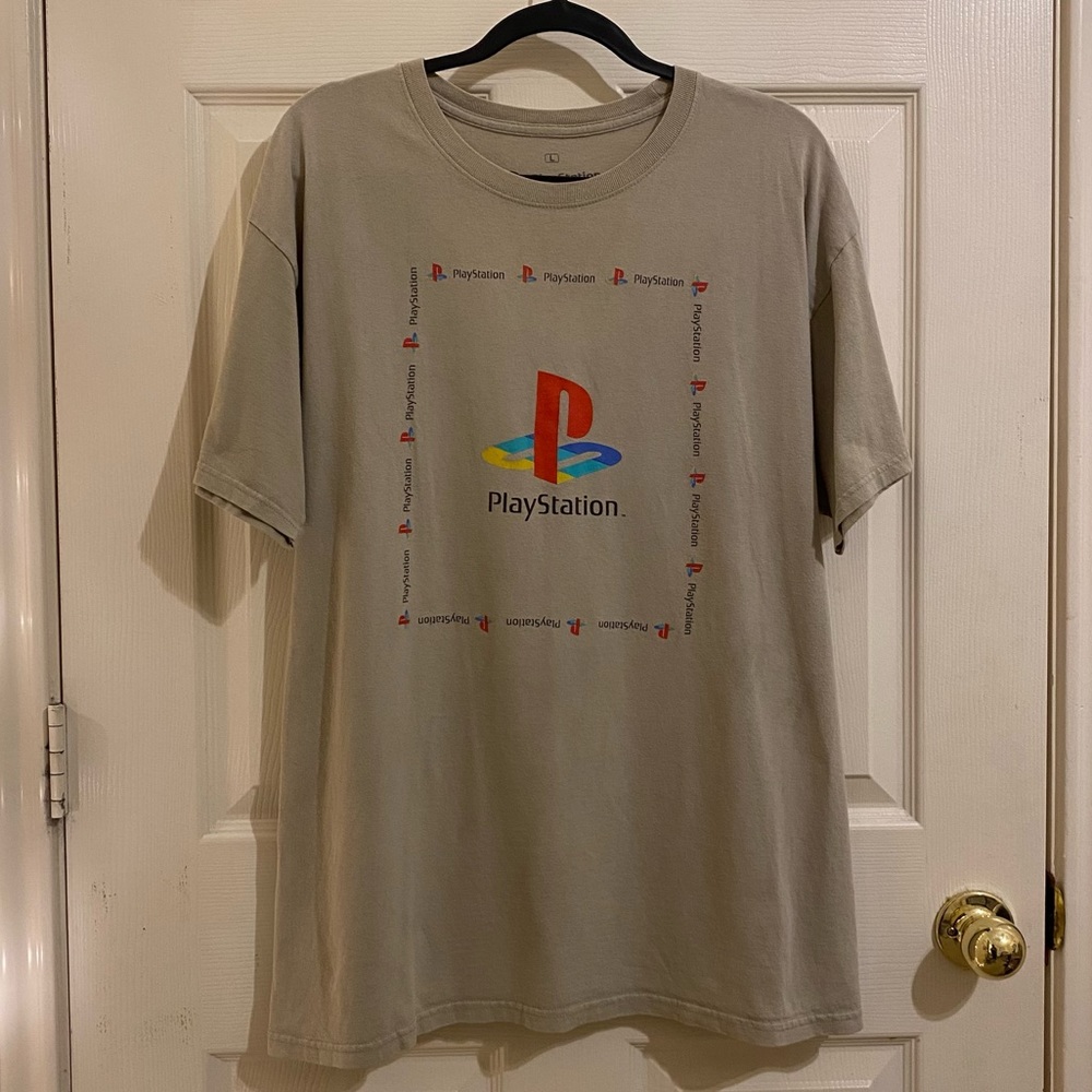Sony PlayStation OG Logo Box Graphic Retro Gamer Tee Tan Lg
